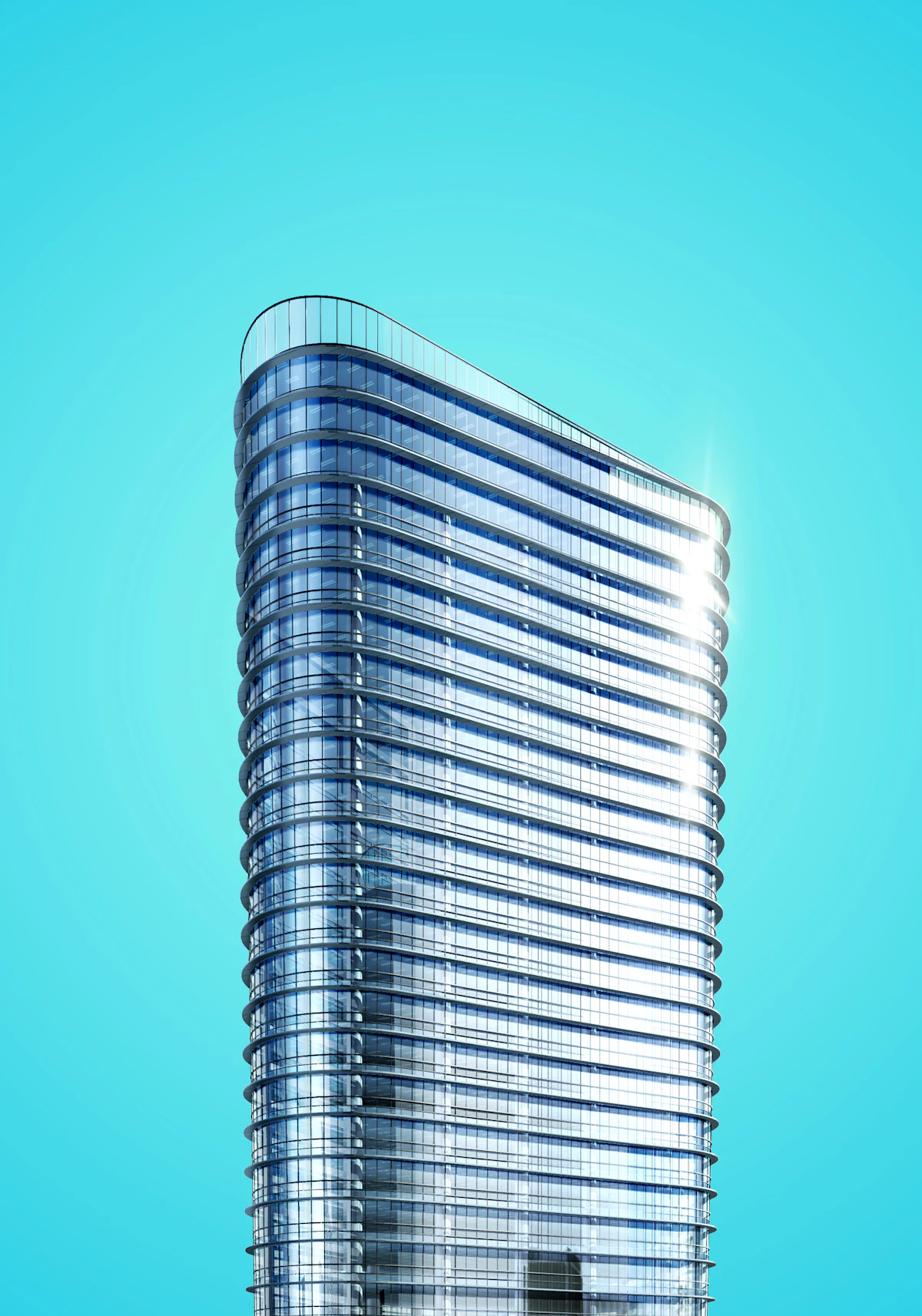 Edifícios de escritórios vistos de baixo, em uma perspectiva ampla das fachadas.
